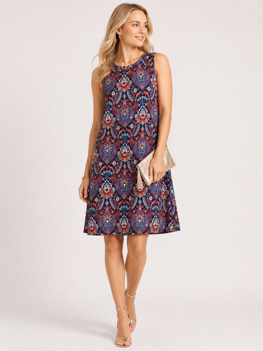 DAN221 LOFT Outlet Petite Small Sleeveless Paisley Swing Dress Navy Coral Blue